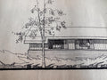 Mid Century Architectural Drawing - Tree Line Elevation - Original Hand Drawn House Rendering