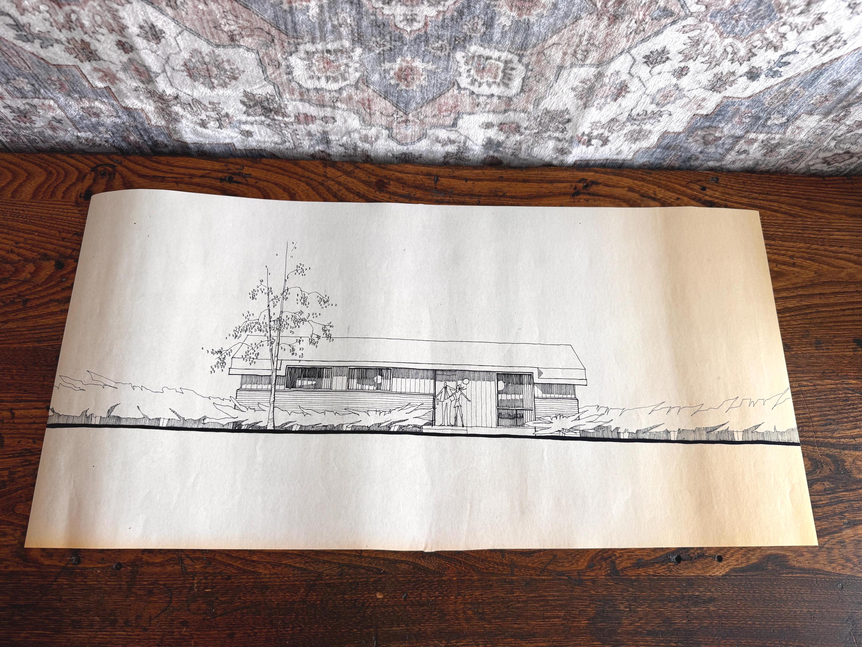 Mid Century Architectural Drawing - Tree Line Elevation - Original Hand Drawn House Rendering