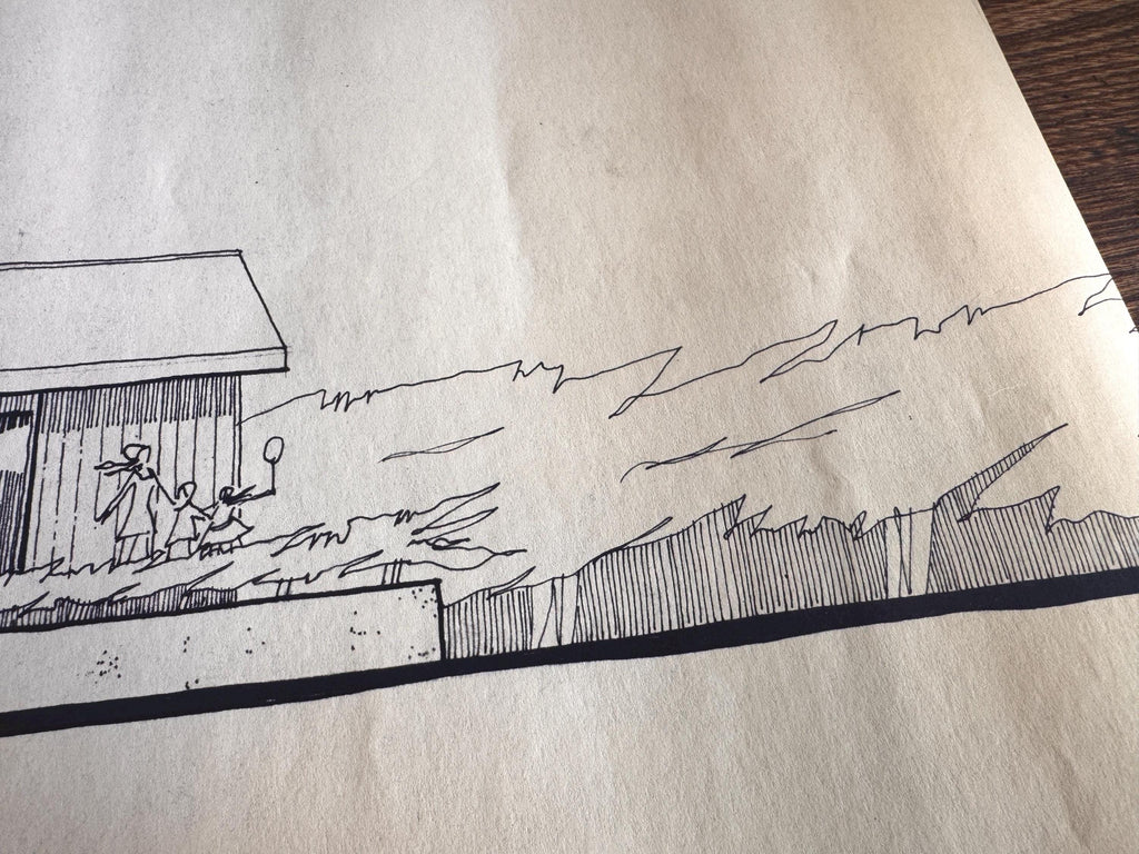 Mid Century Architectural Drawing - Courtyard Elevation - Original Hand Drawn House Rendering