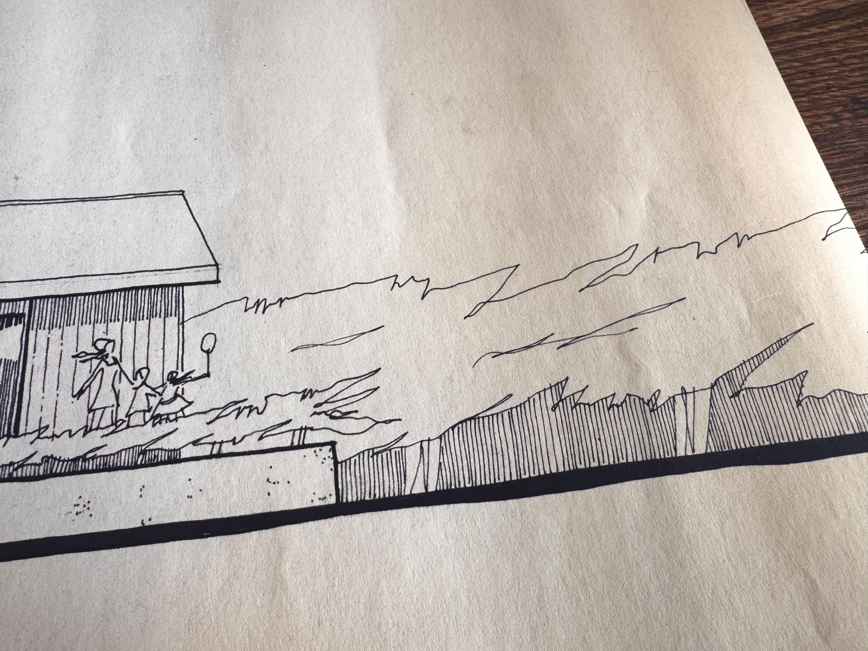 Mid Century Architectural Drawing - Courtyard Elevation - Original Hand Drawn House Rendering