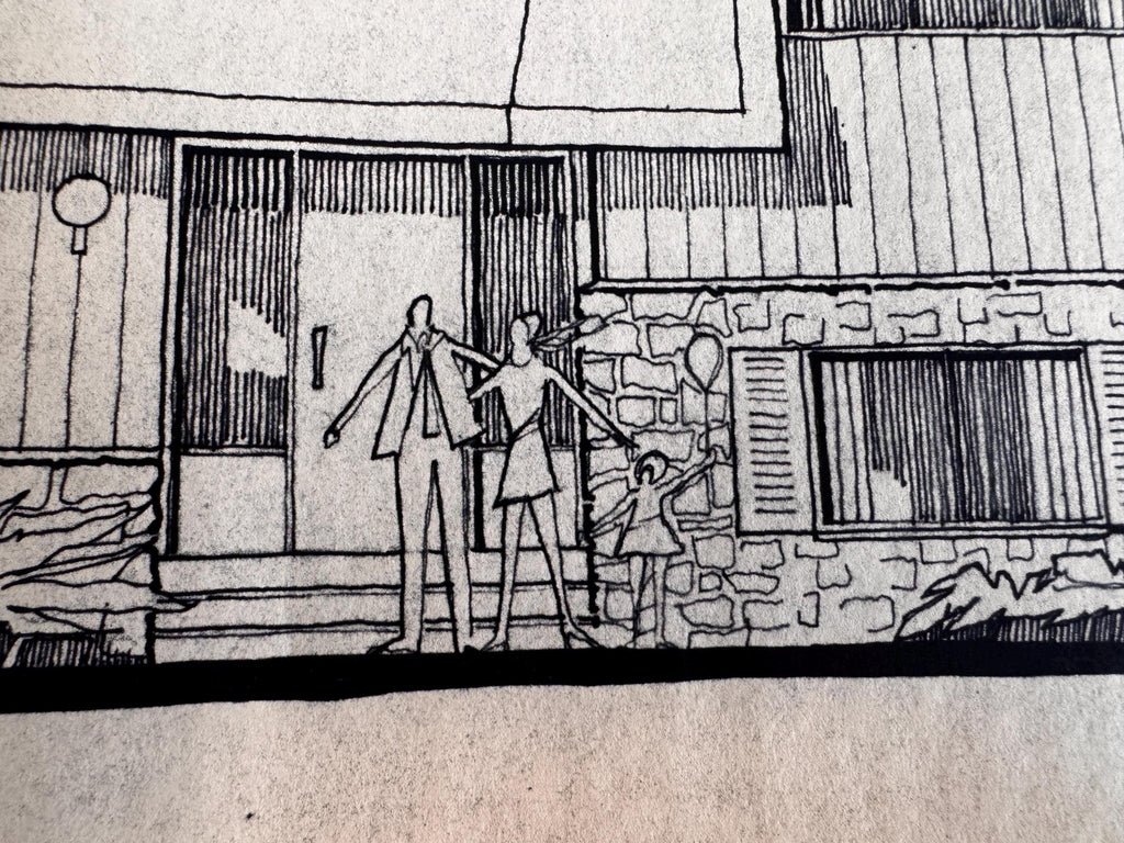 Mid Century Architectural Drawing - Stone Entry Elevation - Original Hand Drawn House Rendering