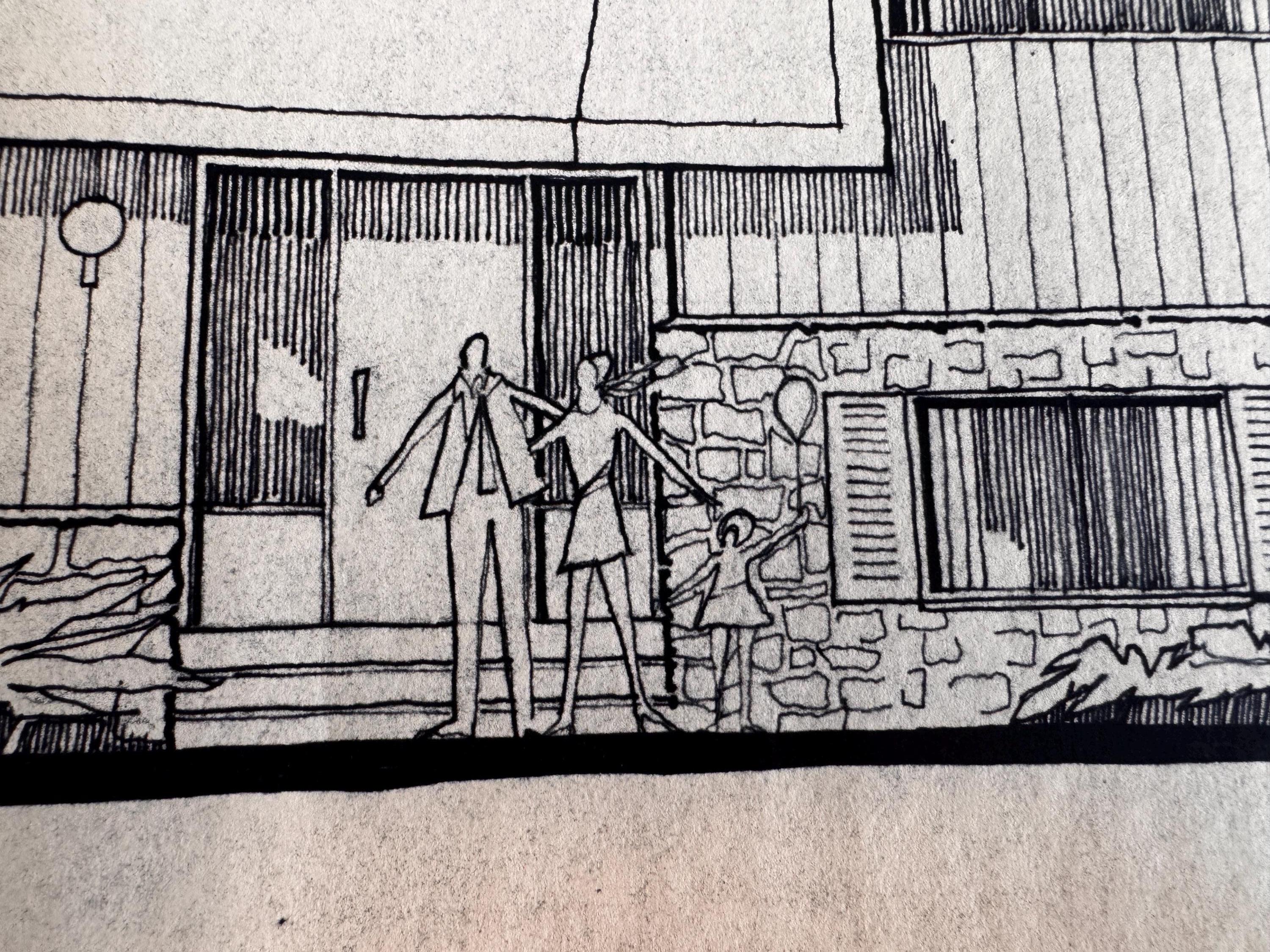 Mid Century Architectural Drawing - Stone Entry Elevation - Original Hand Drawn House Rendering