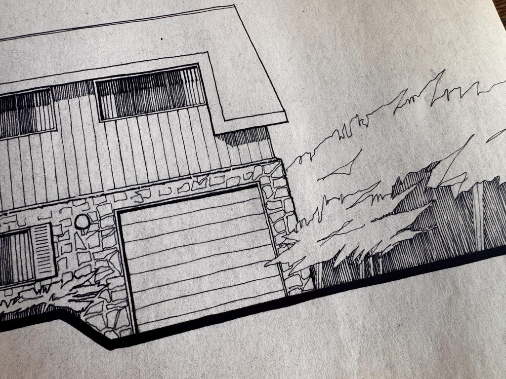 Mid Century Architectural Drawing - Stone Entry Elevation - Original Hand Drawn House Rendering