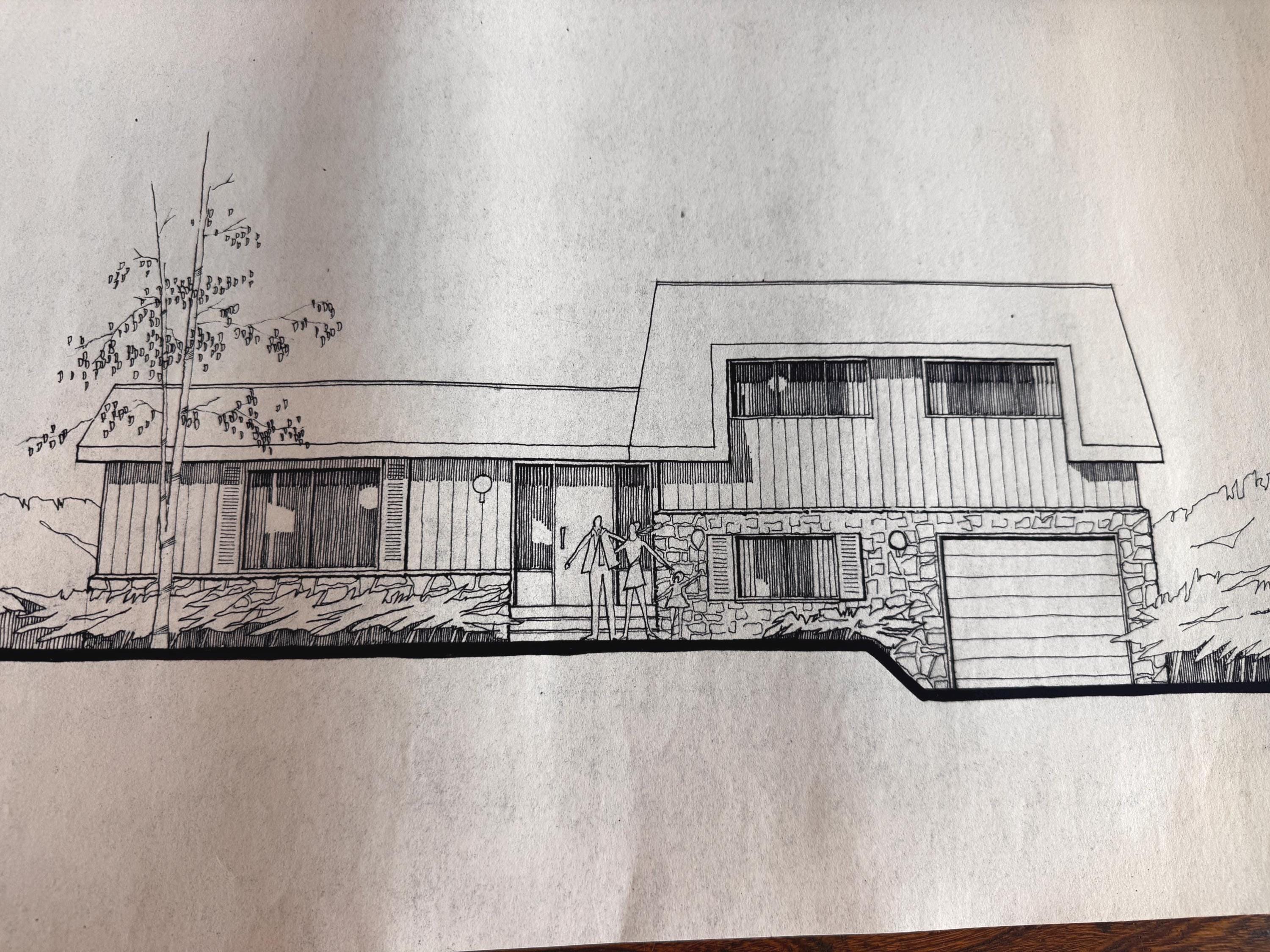 Mid Century Architectural Drawing - Stone Entry Elevation - Original Hand Drawn House Rendering