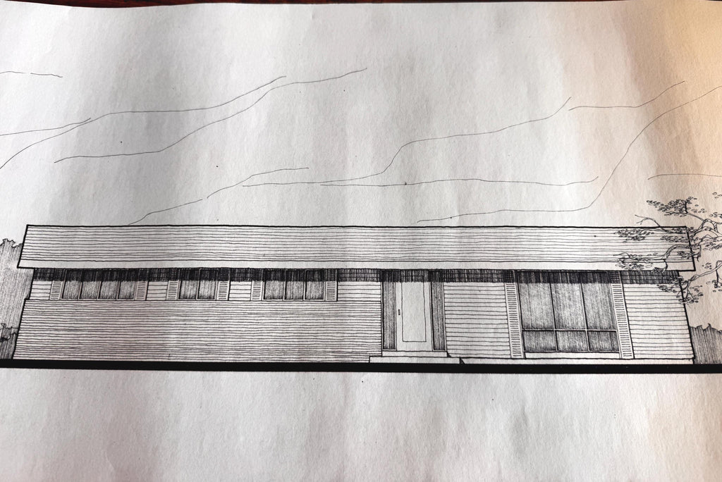 Mid Century Architectural Drawing -Mountain View Elevation - Original Hand Drawn House Rendering