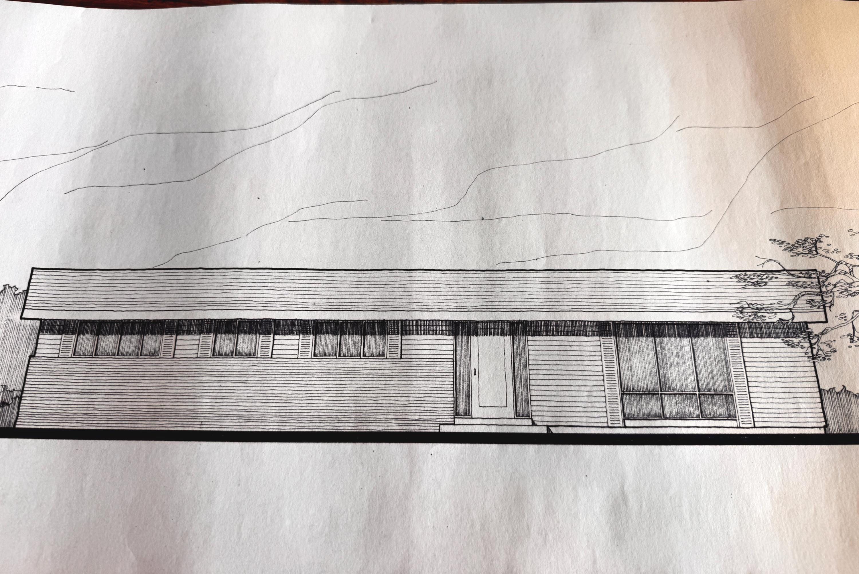 Mid Century Architectural Drawing -Mountain View Elevation - Original Hand Drawn House Rendering