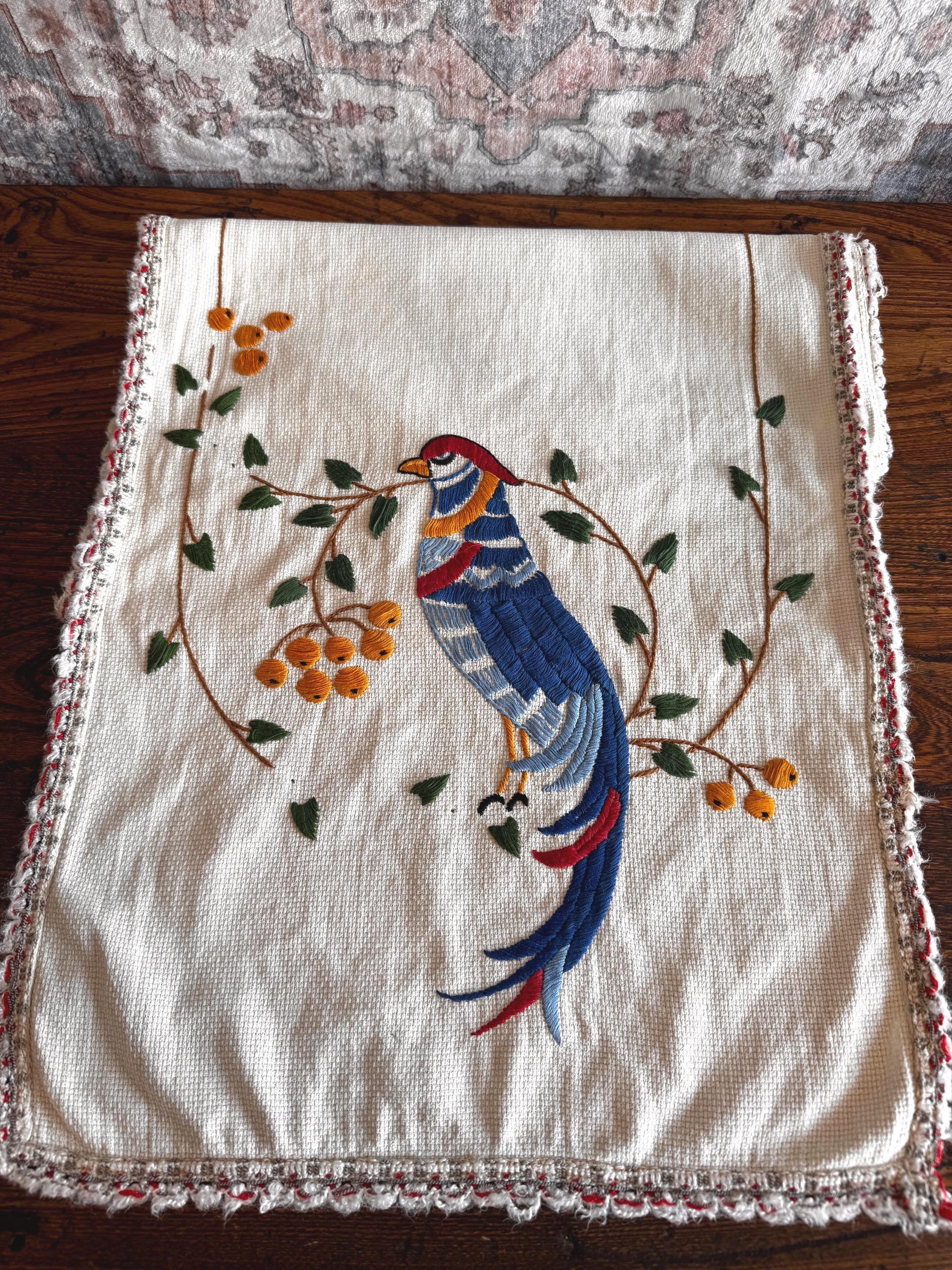Hand Embroidered Table Runner with Birds and Berries