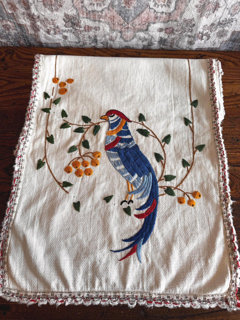 Hand Embroidered Table Runner with Birds and Berries