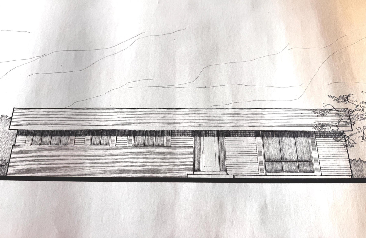 Mid Century Architectural Drawing -Mountain View Elevation - Original Hand Drawn House Rendering