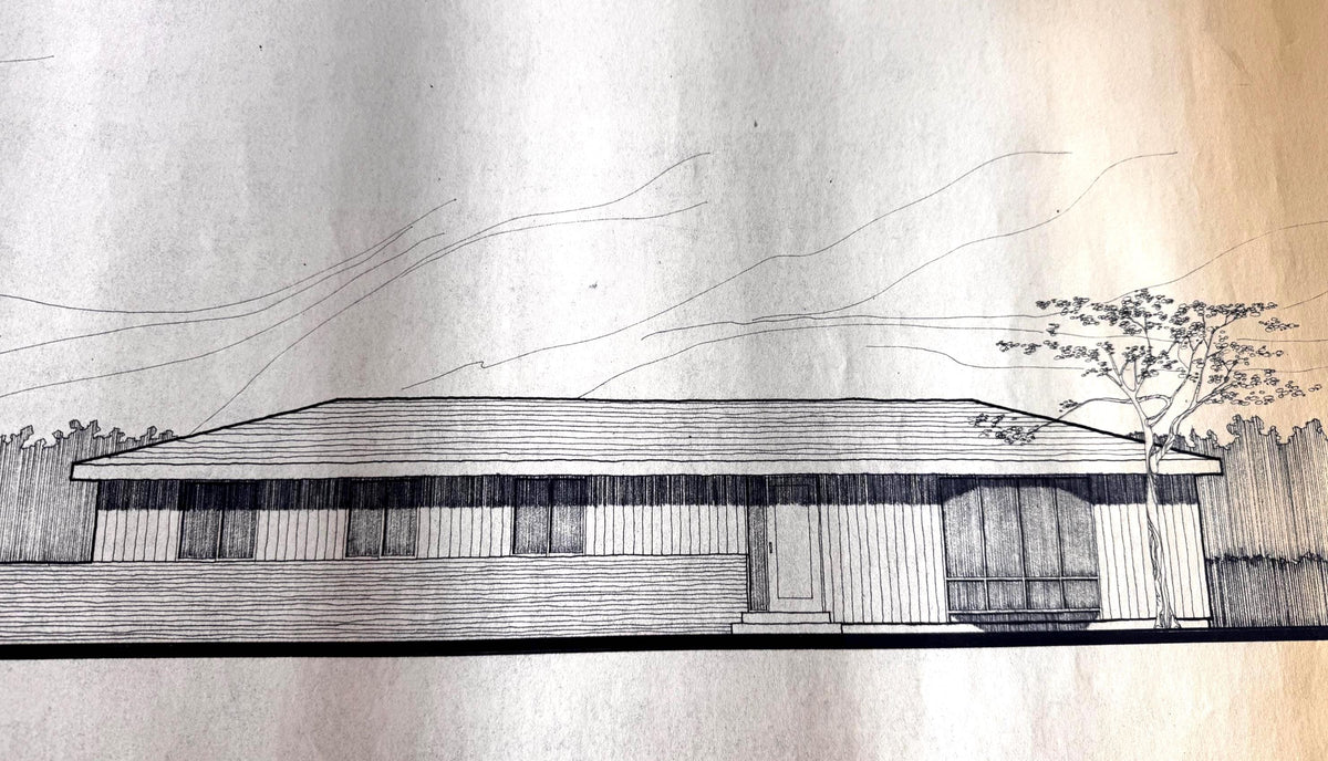 Mid Century Architectural Drawing - Mountain & Tree Elevation - Original Hand Drawn House Rendering