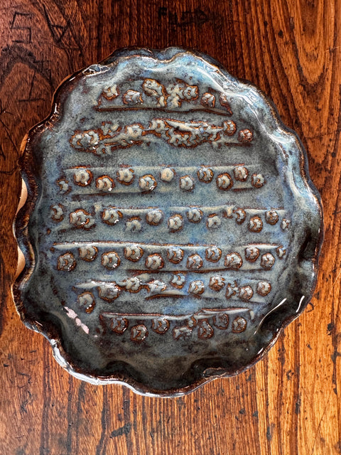 Handmade Ceramic Decorative Plate with Blue Glaze and Textured Pattern