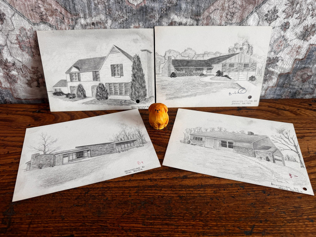 Vintage 1950s Architectural Drawings Set of 4 – Mid Century Architecture Student Art