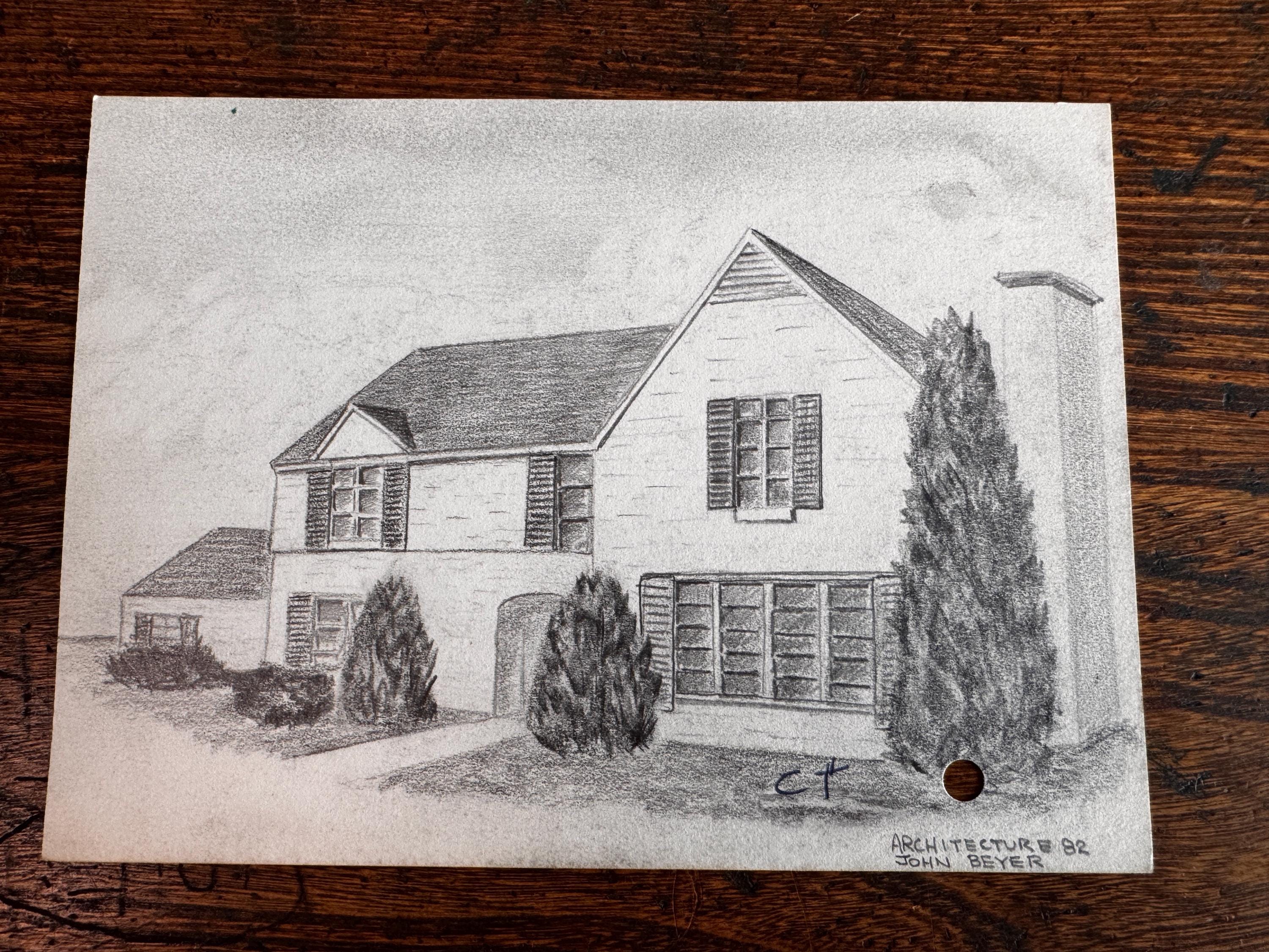 Vintage 1950s Architectural Drawings Set of 4 – Mid Century Architecture Student Art