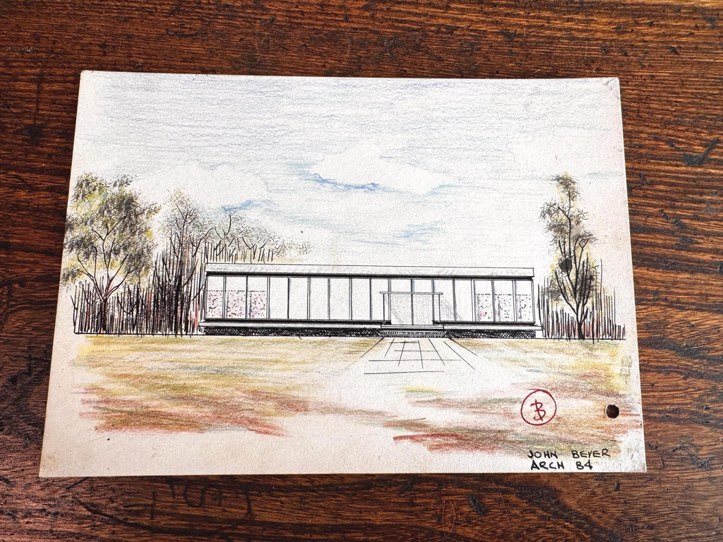 1950s Mid Century Modern Architectural Drawings – House Elevation & Site Plan – Original Student Art
