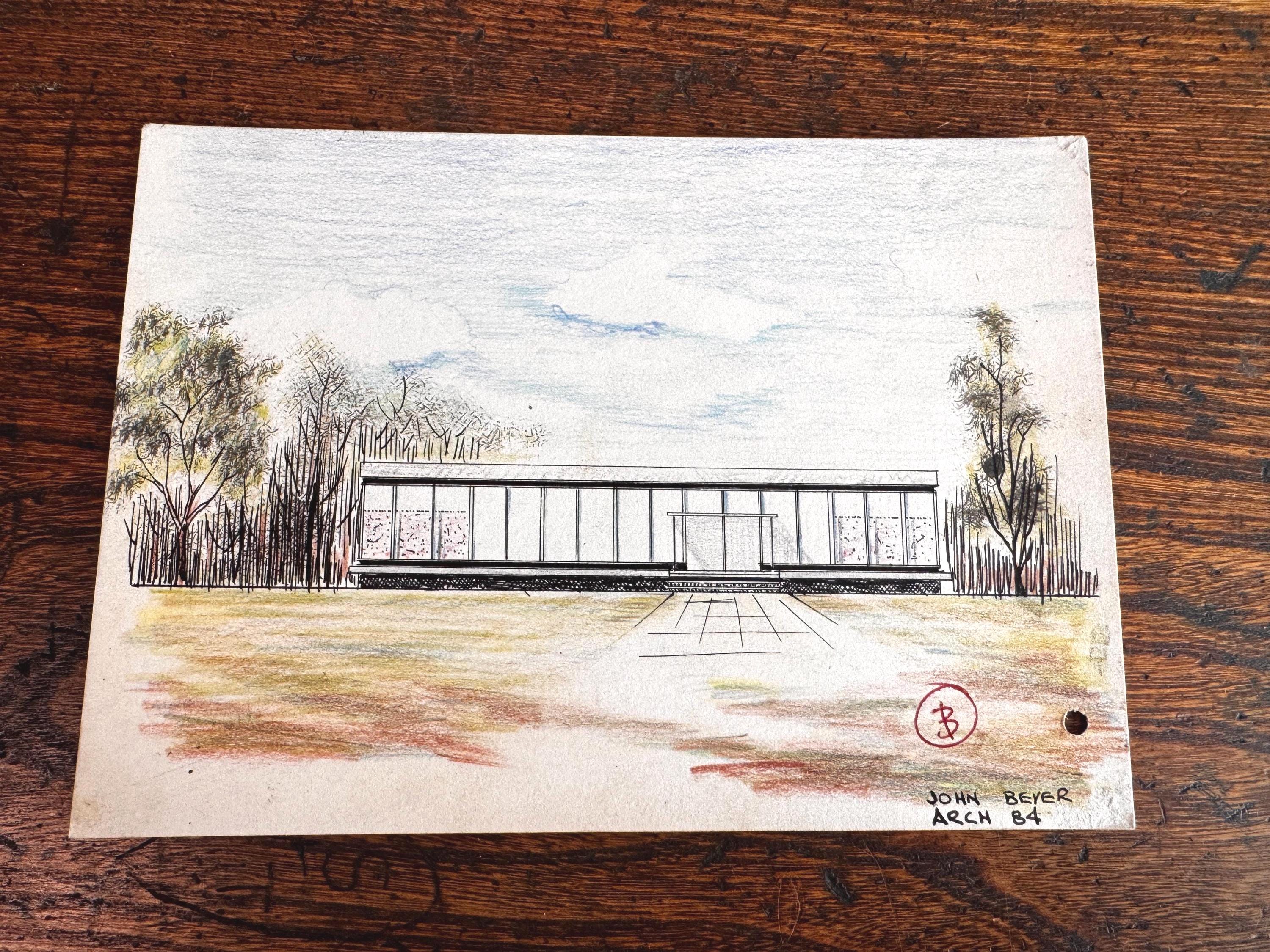 1950s Mid Century Modern Architectural Drawings – House Elevation & Site Plan – Original Student Art