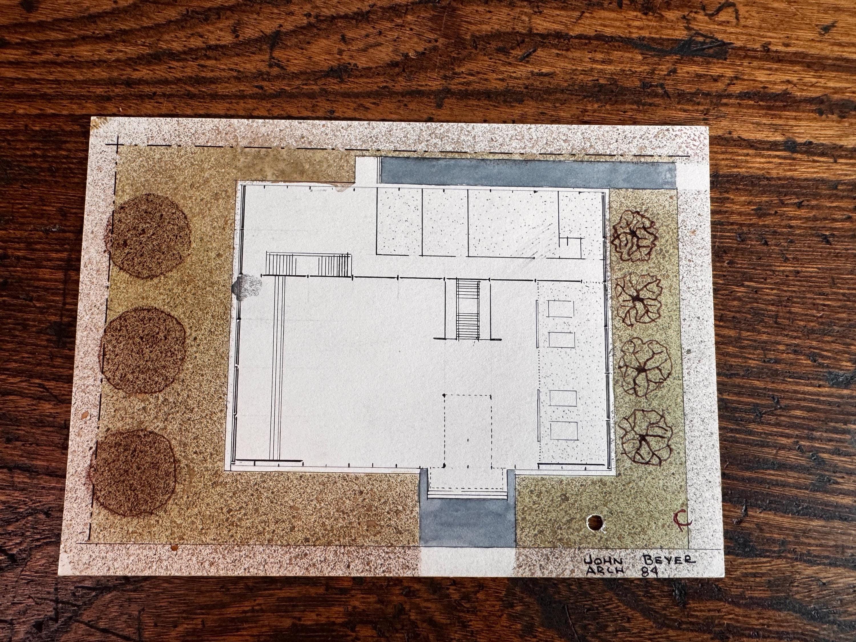 1950s Mid Century Modern Architectural Drawings – House Elevation & Site Plan – Original Student Art