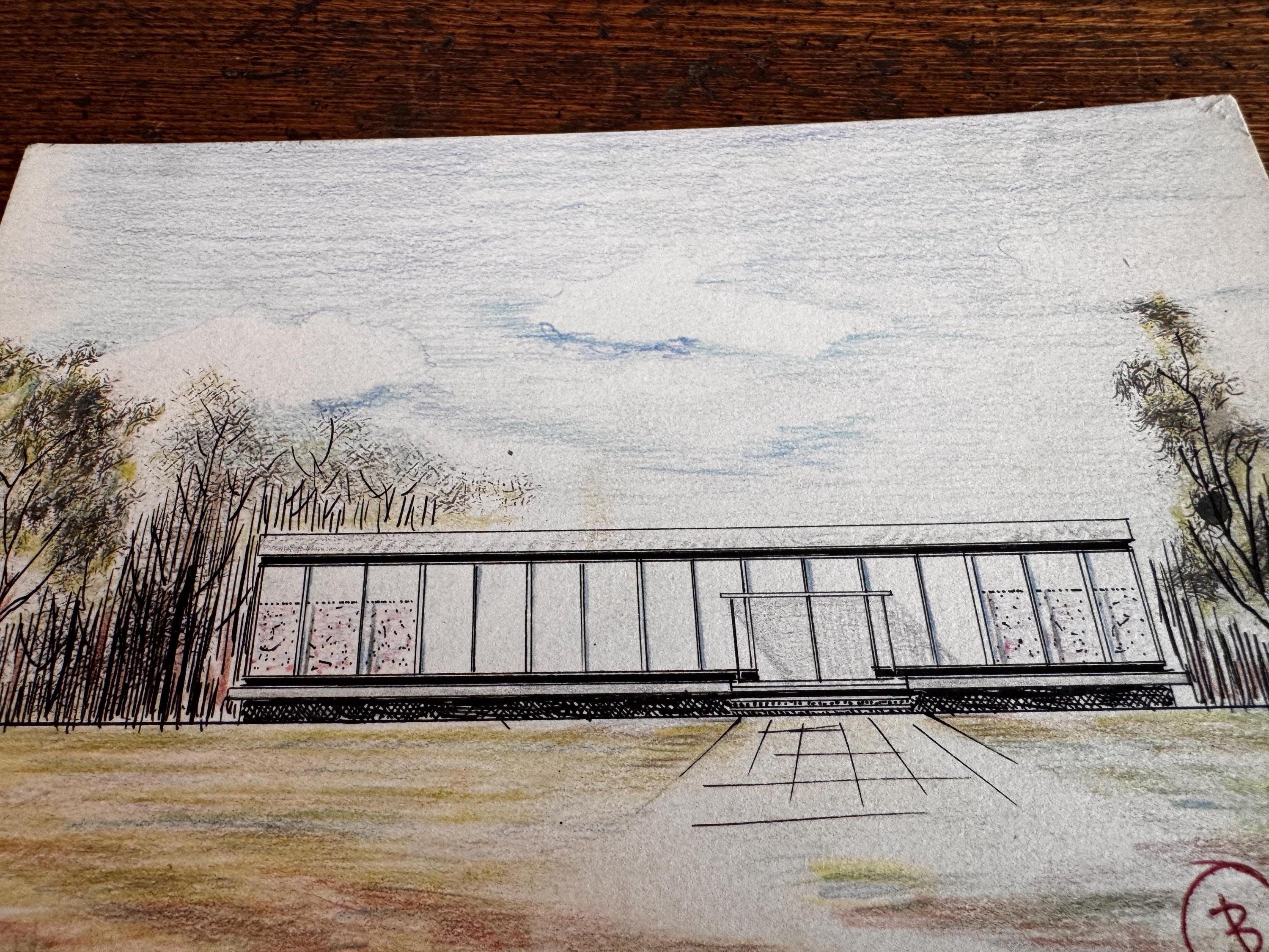 1950s Mid Century Modern Architectural Drawings – House Elevation & Site Plan – Original Student Art