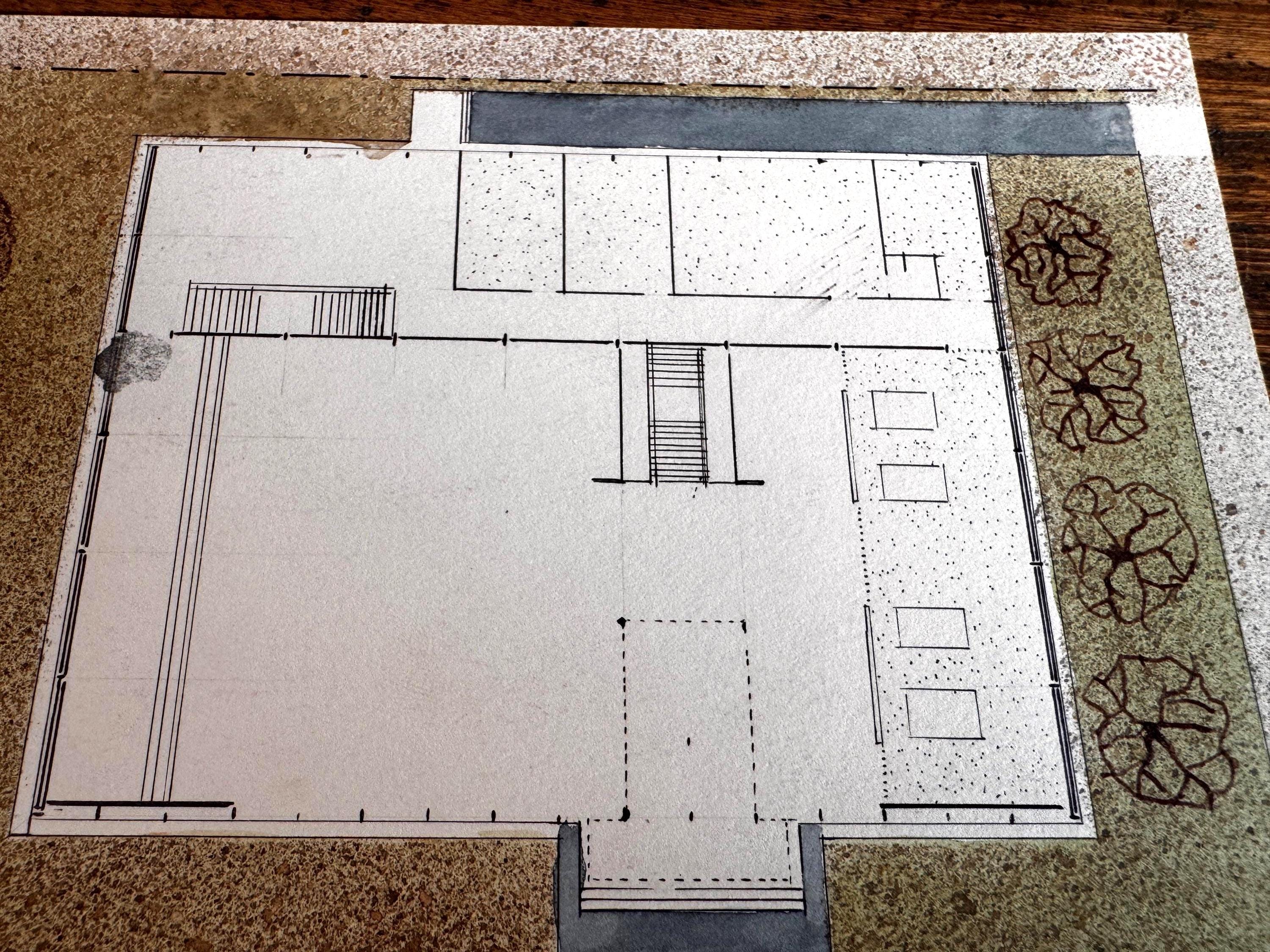 1950s Mid Century Modern Architectural Drawings – House Elevation & Site Plan – Original Student Art