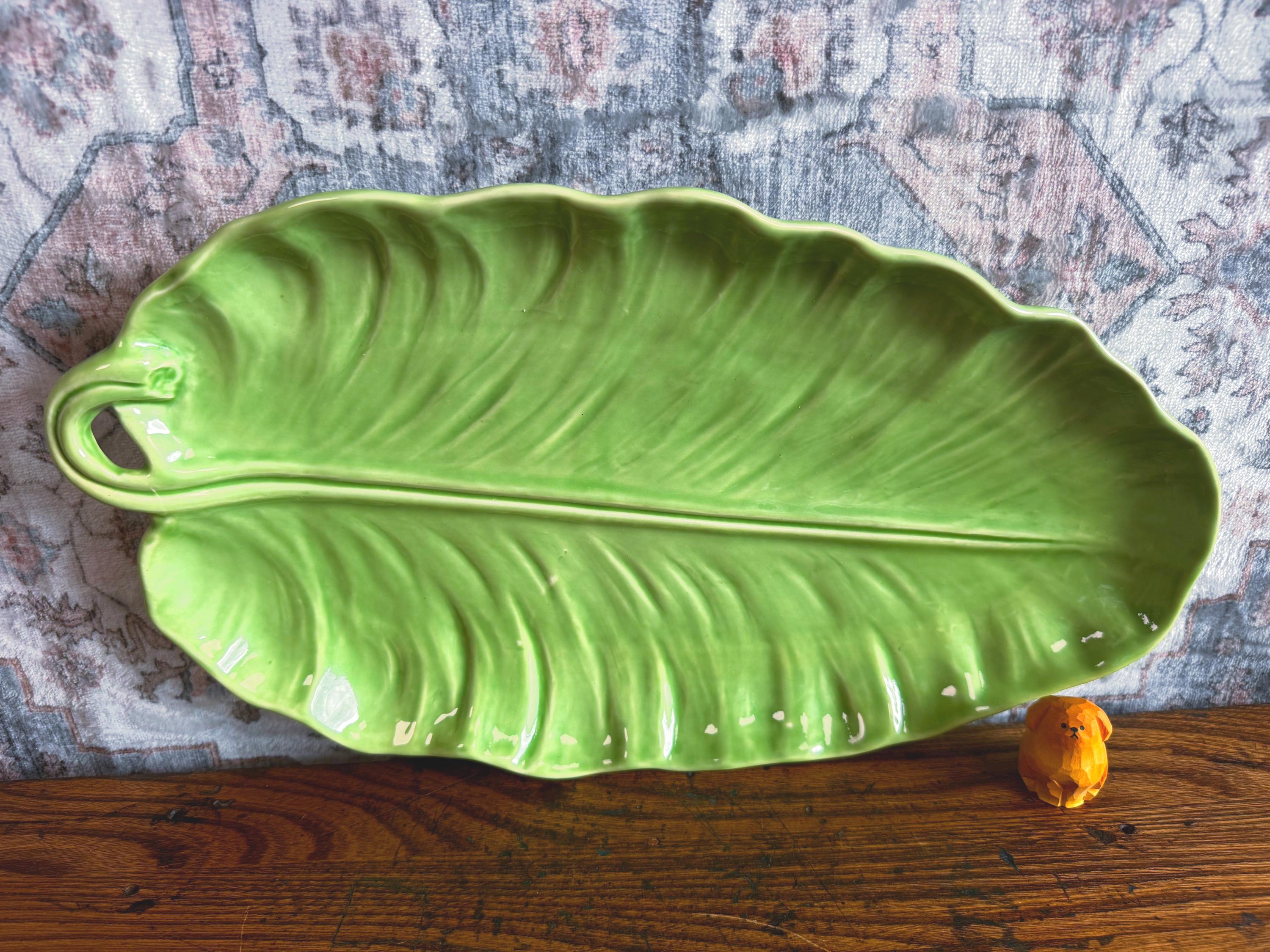 Green Ceramic Leaf-Shaped Serving Platter