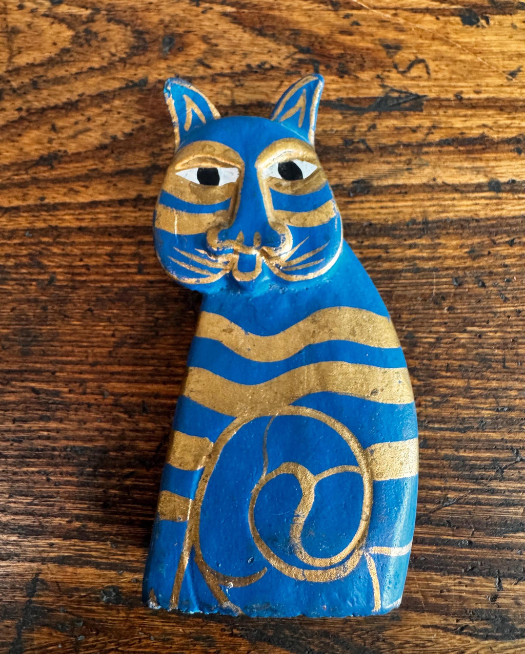 Hand-Painted Blue and Gold Cat Figurine