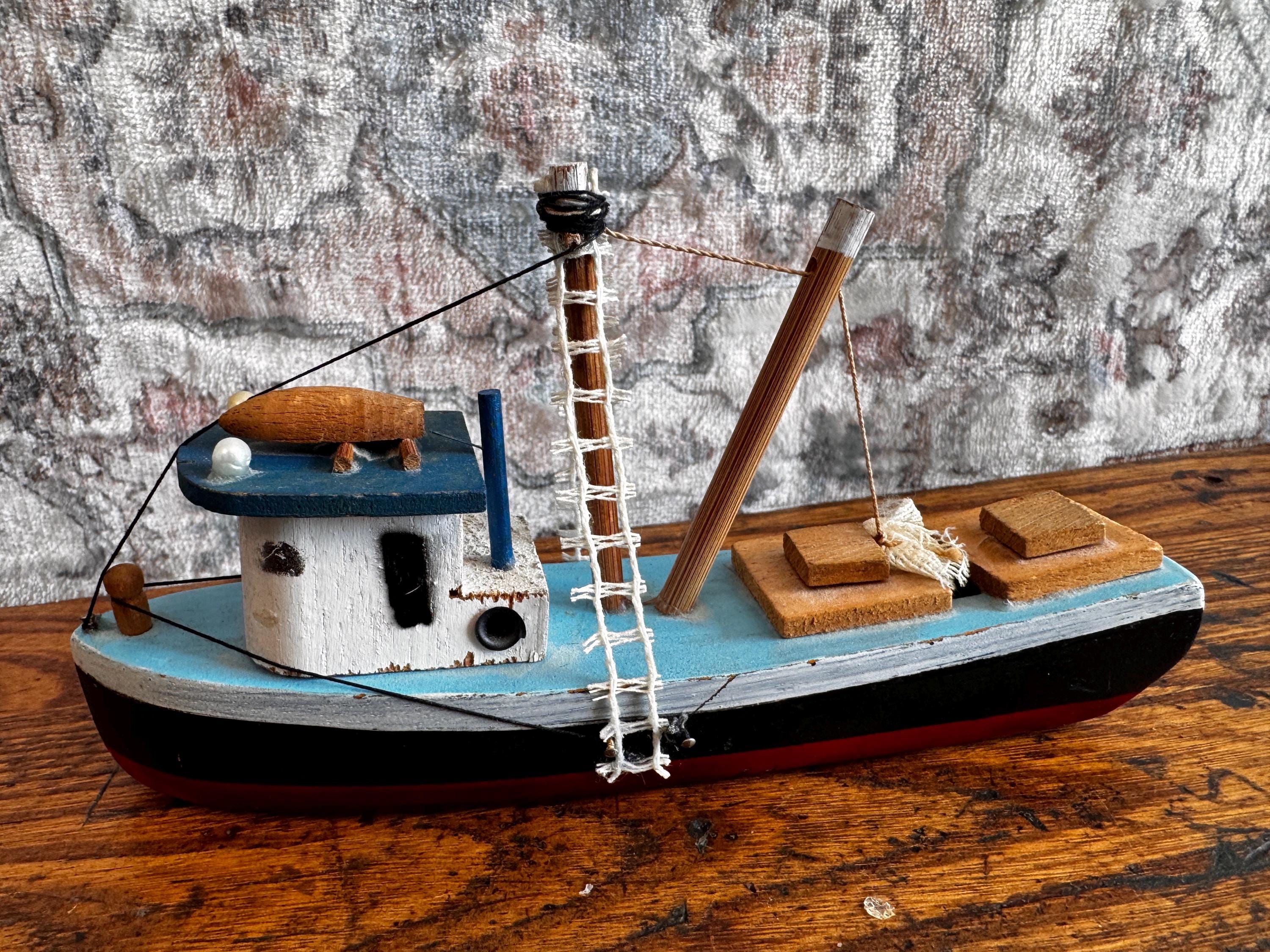 Handcrafted Wooden Model Fishing Boat - 7 Inch Nautical Decor