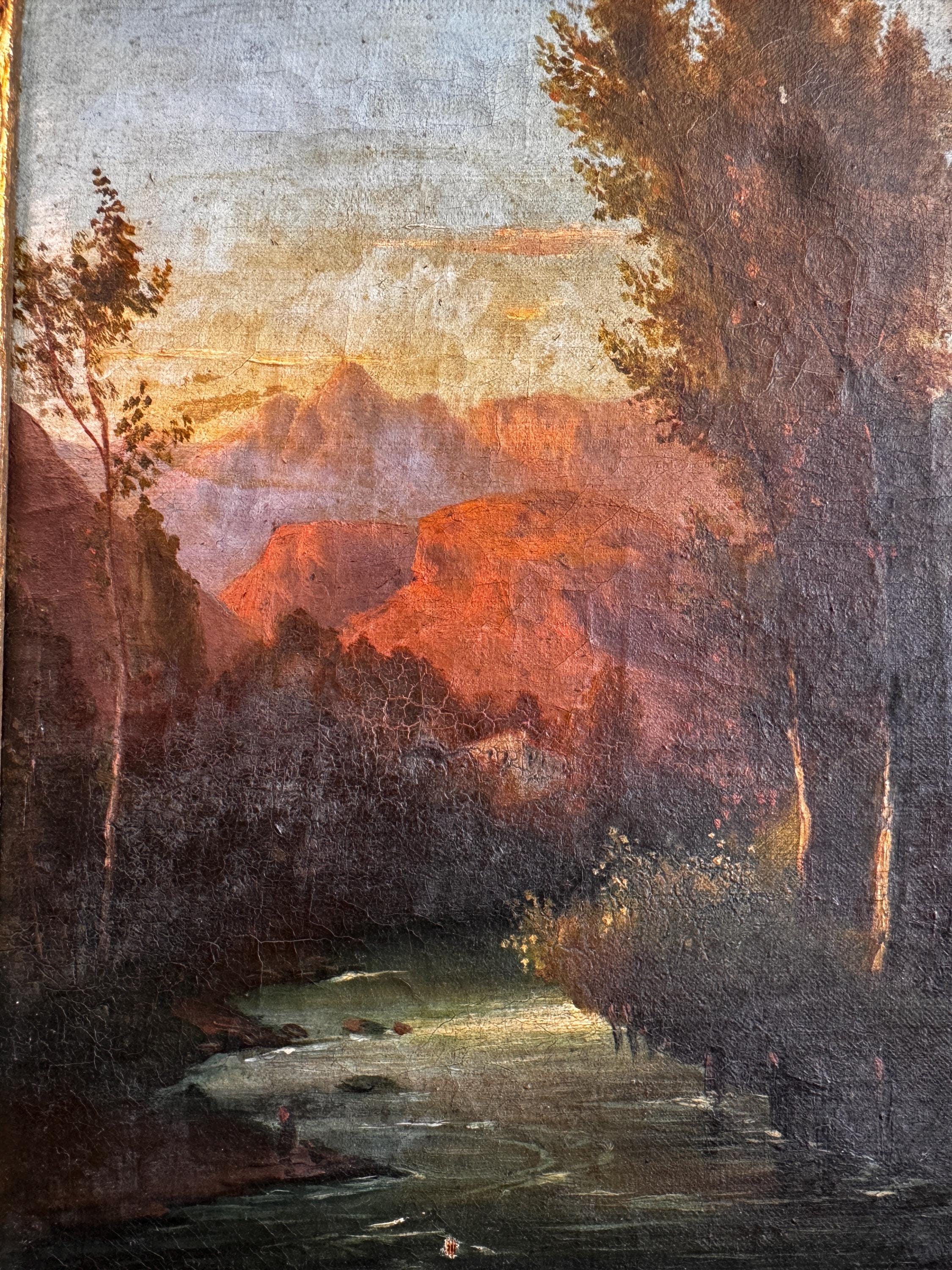 Framed Landscape Painting of a River and Trees at Sunset