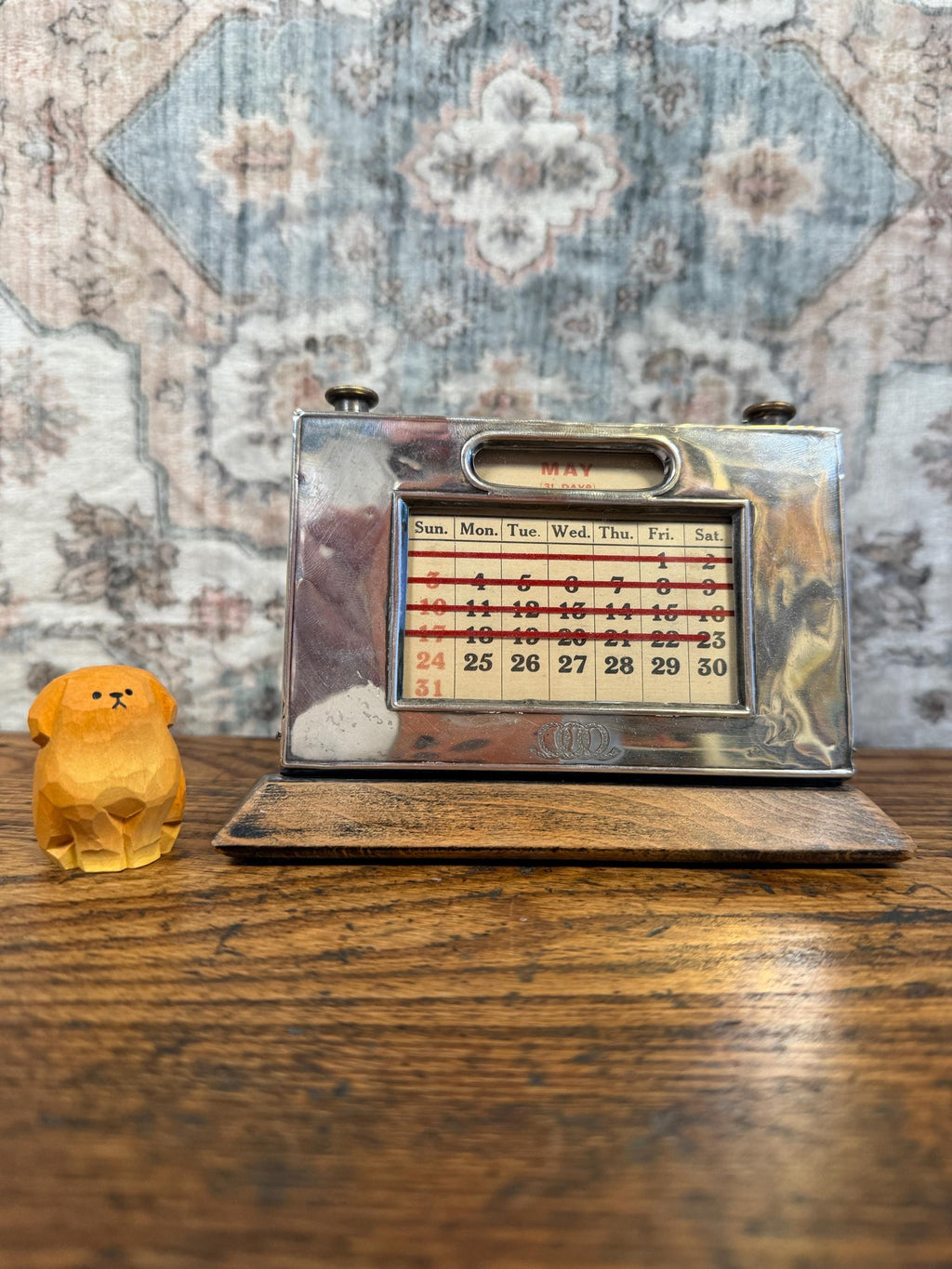 Vintage Perpetual Desk Calendar with Metal and Wood Frame