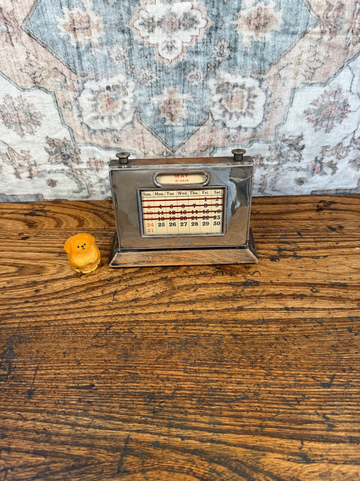 Vintage Perpetual Desk Calendar with Metal and Wood Frame