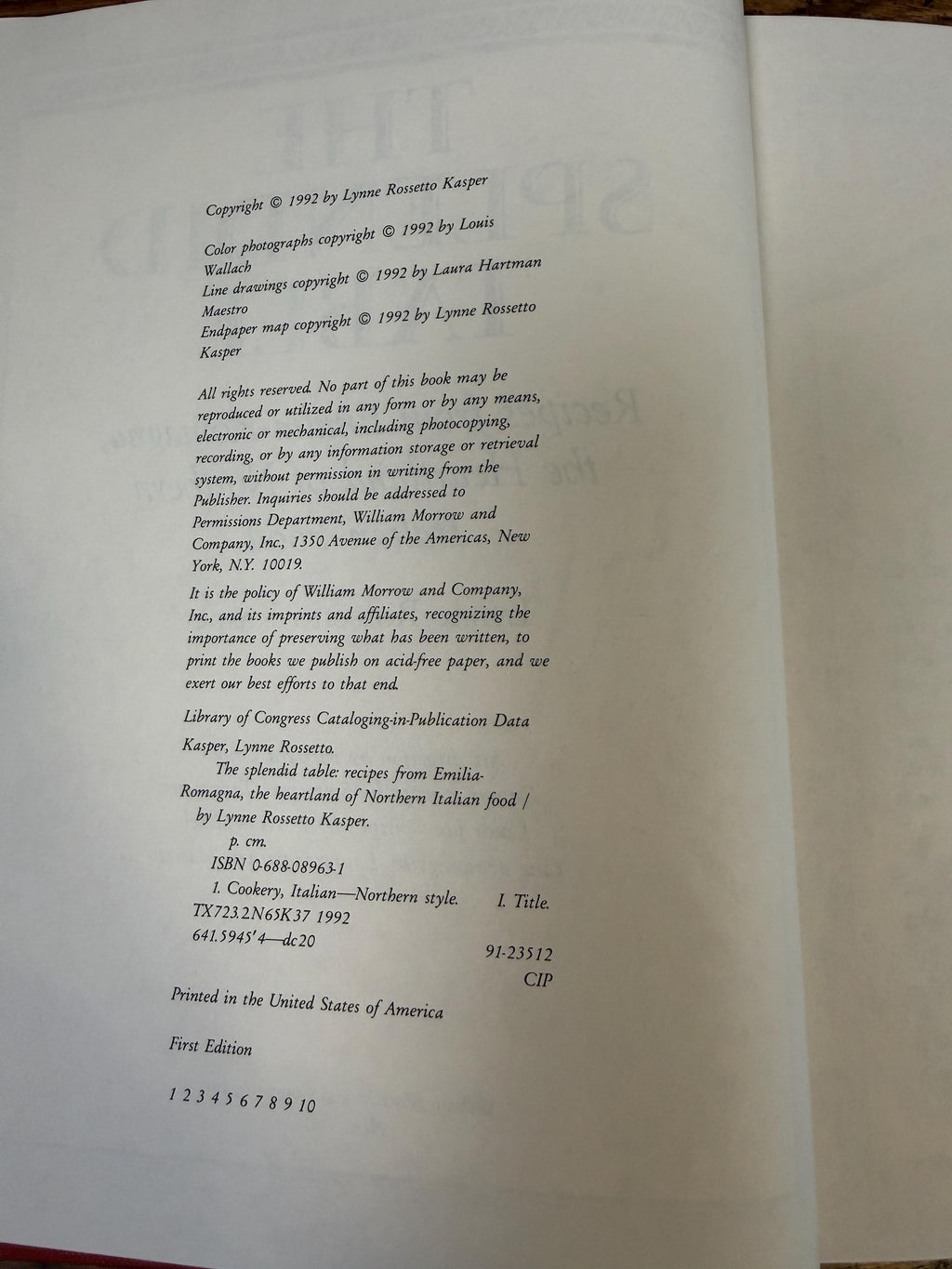 The Splendid Table by Lynne Rossetto Kasper | 1992 Hardback First Edition