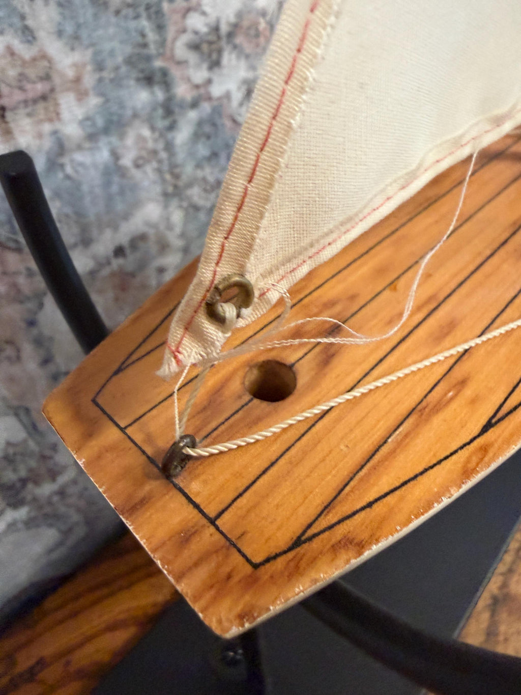 Vintage Wooden Model Sailboat with Fabric Sails