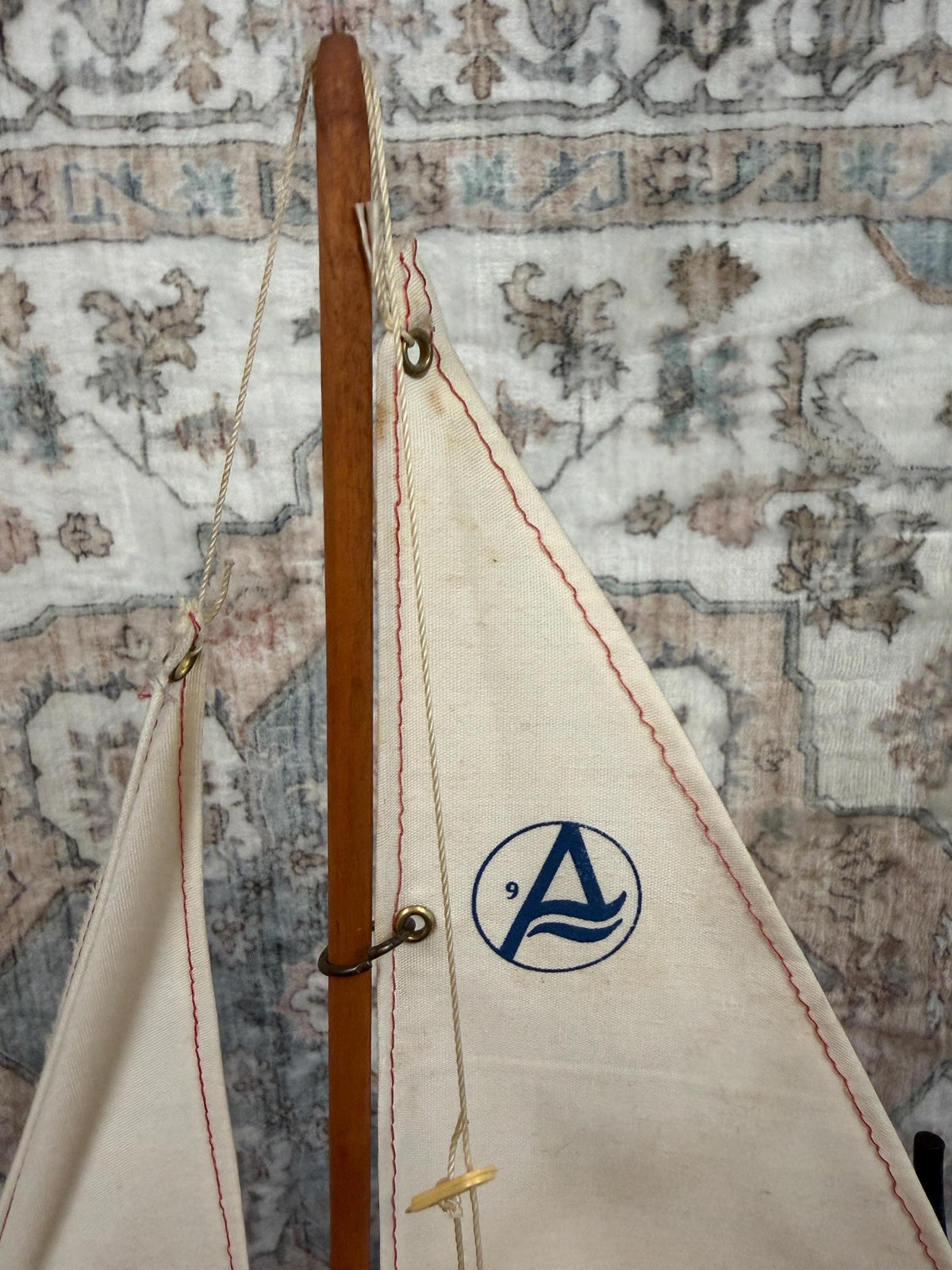Vintage Wooden Model Sailboat with Fabric Sails