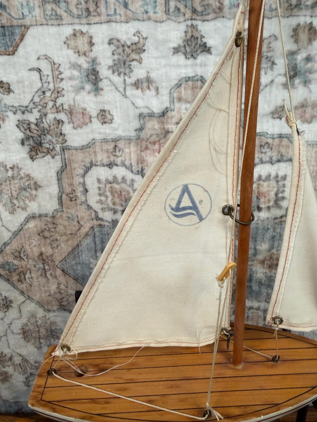 Vintage Wooden Model Sailboat with Fabric Sails