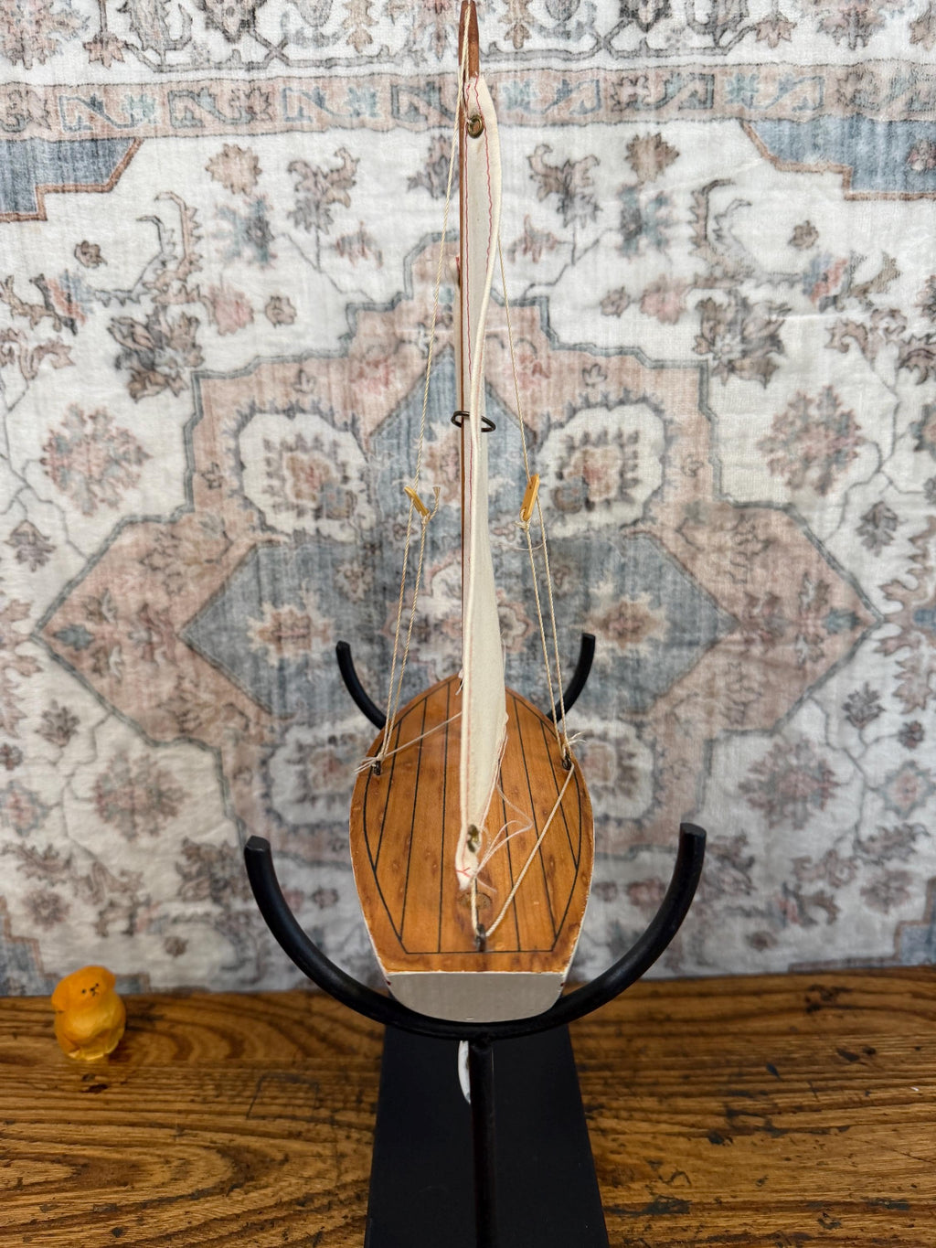 Vintage Wooden Model Sailboat with Fabric Sails