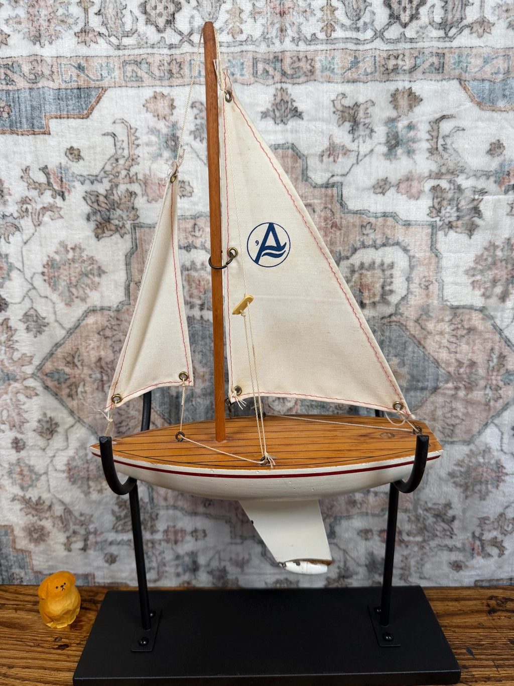 Vintage Wooden Model Sailboat with Fabric Sails