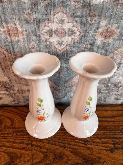 Pair of Federalist USA Ceramic Candle Holders with Floral Design