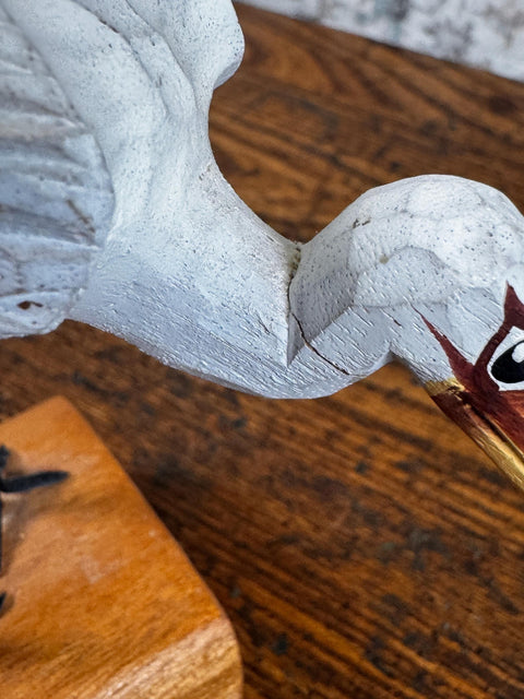 Hand Carved Wooden Bird Figurine on Block Base