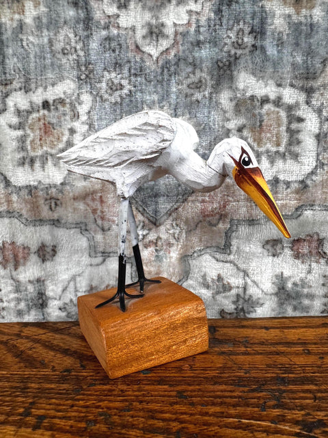 Hand Carved Wooden Bird Figurine on Block Base