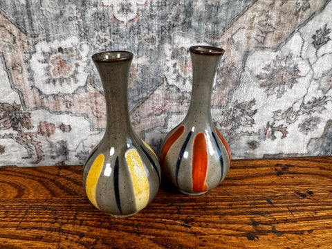 Pair of Small Vintage Ceramic Bud Vases with Colorful Stripes