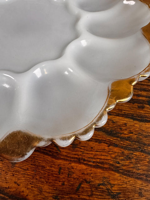 Milk Glass Deviled Egg Serving Plate with Elegant Gold Trim