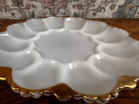 Milk Glass Deviled Egg Serving Plate with Elegant Gold Trim