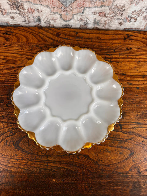 Milk Glass Deviled Egg Serving Plate with Elegant Gold Trim