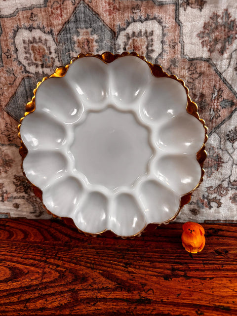 Milk Glass Deviled Egg Serving Plate with Elegant Gold Trim