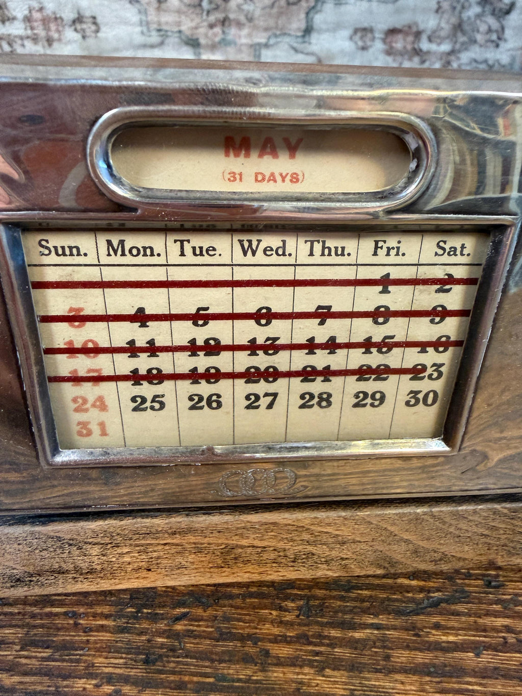 Vintage Perpetual Desk Calendar with Metal and Wood Frame