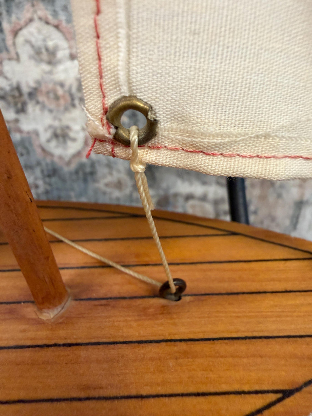 Vintage Wooden Model Sailboat with Fabric Sails