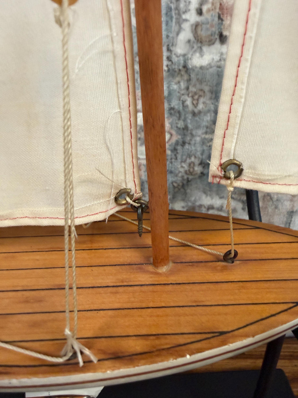 Vintage Wooden Model Sailboat with Fabric Sails