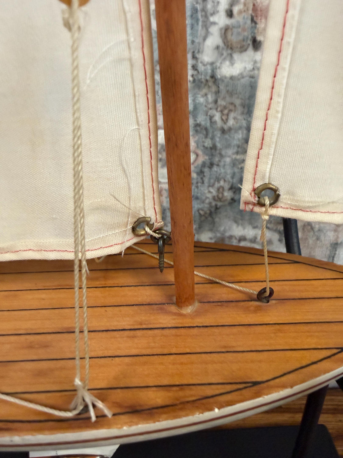 Vintage Wooden Model Sailboat with Fabric Sails