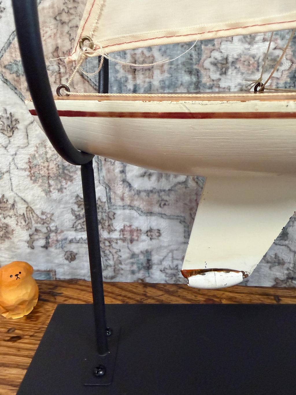 Vintage Wooden Model Sailboat with Fabric Sails