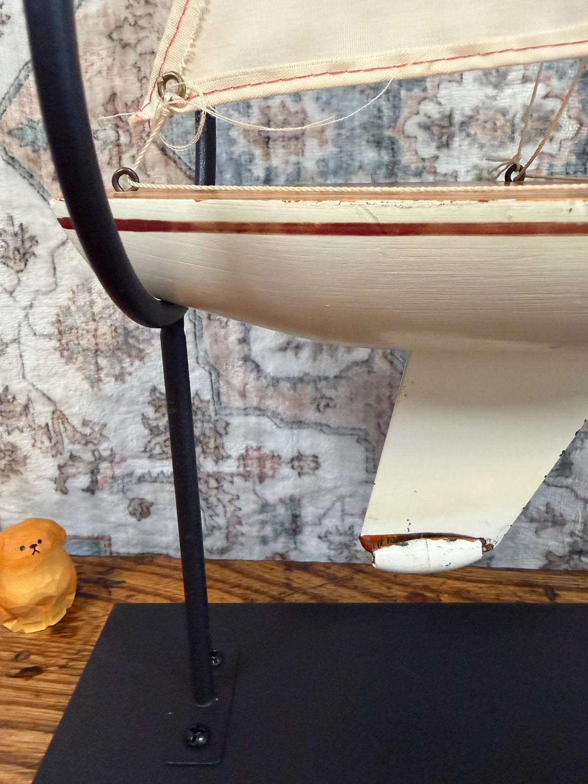 Vintage Wooden Model Sailboat with Fabric Sails