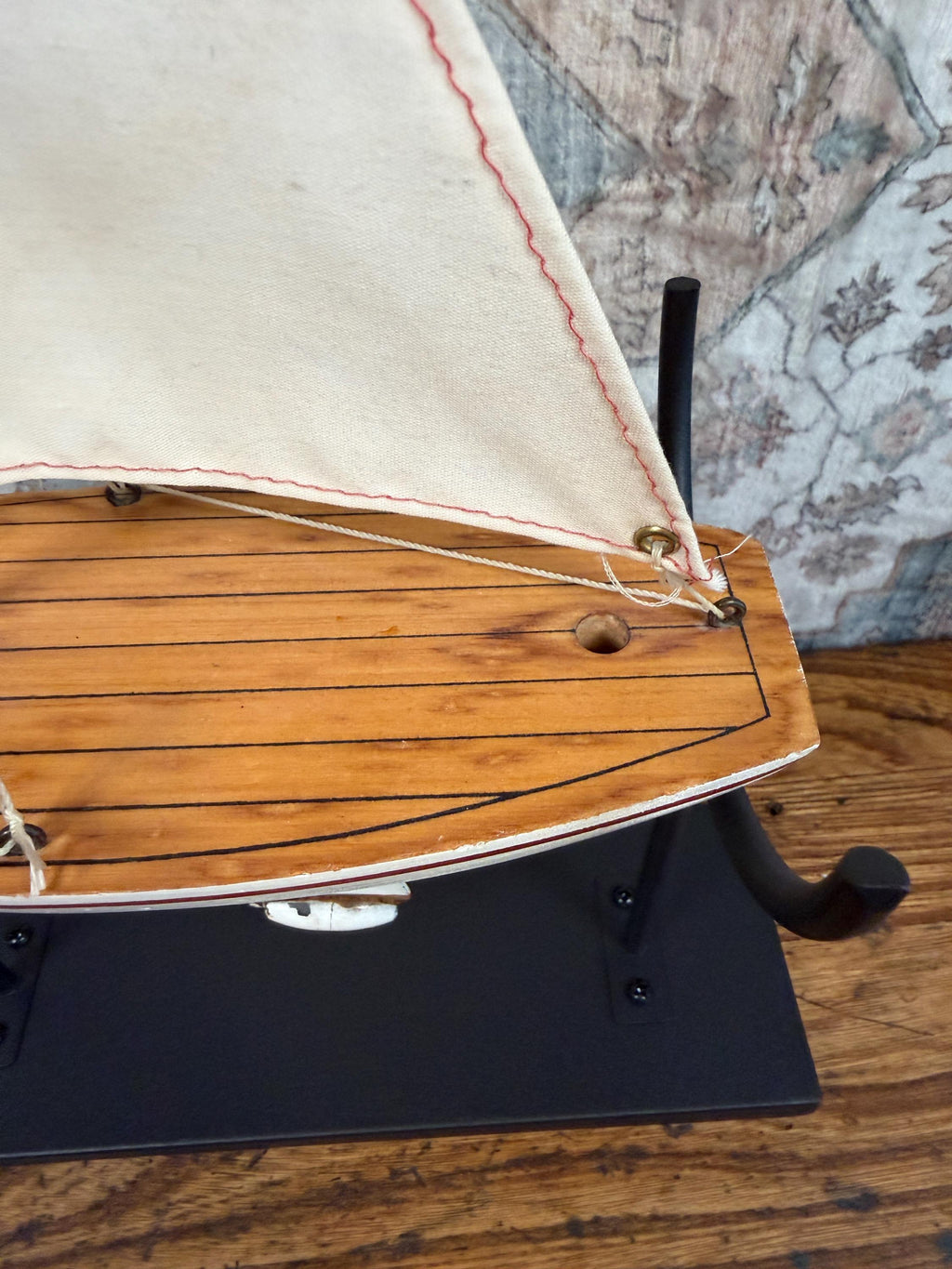 Vintage Wooden Model Sailboat with Fabric Sails