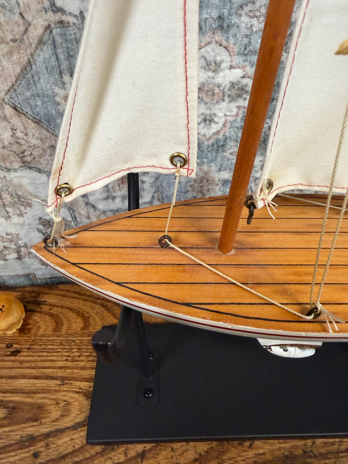 Vintage Wooden Model Sailboat with Fabric Sails